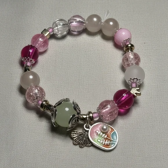 Pink and Silver Beaded Charm Bracelet - Picture 1 of 1